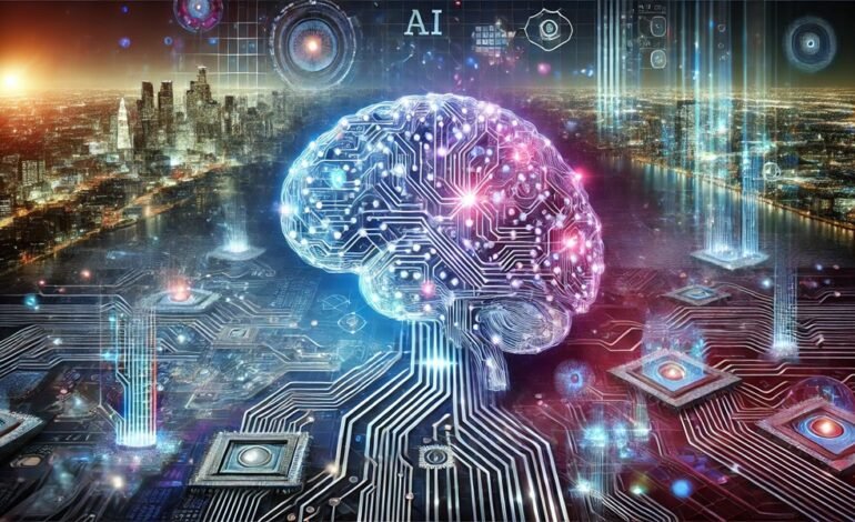 The futuristic digital landscape features a neural brain structure, vibrant data streams, circuit patterns, and holographic elements in blue, purple, and metallic tones, symbolizing advanced technology and connectivity. AI industry